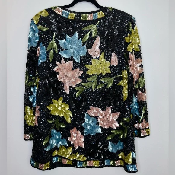 Vintage 80s Floral Sequin Jacket ✨ Handmade Boutique Beaded Statement Blazer - Picture 8 of 9